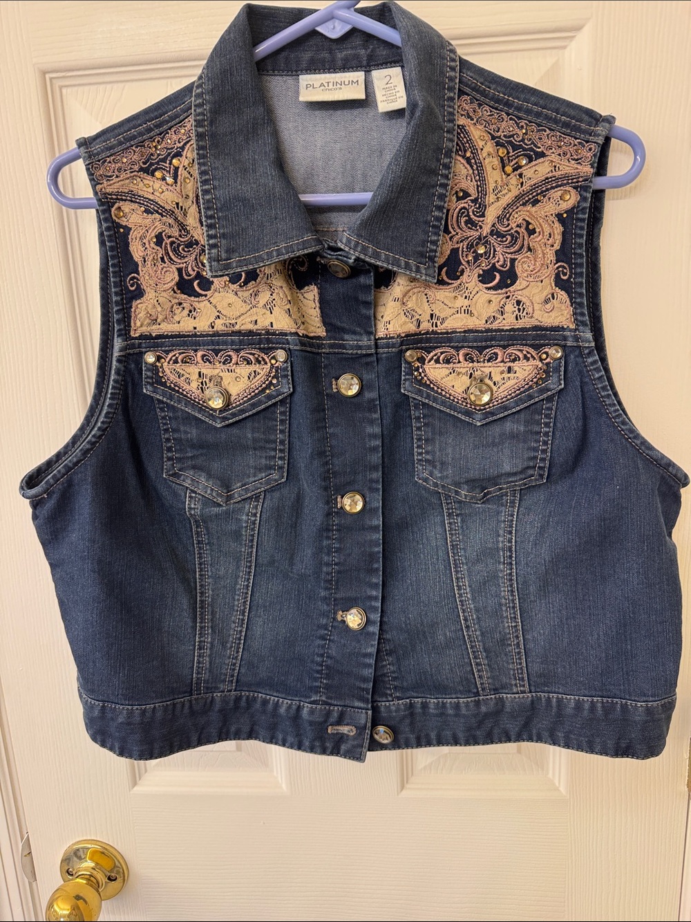 Embroidered Dark Blue Denim Vest - Navy with Tan Accents